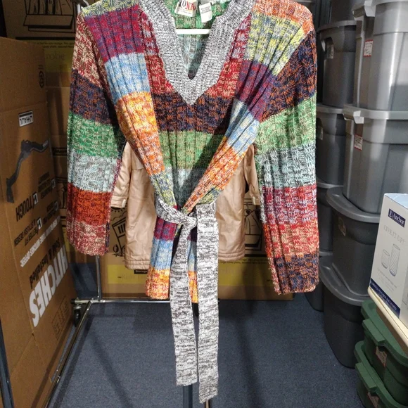 Colorful V-Neck Sweater with Belt - Picture 1 of 5